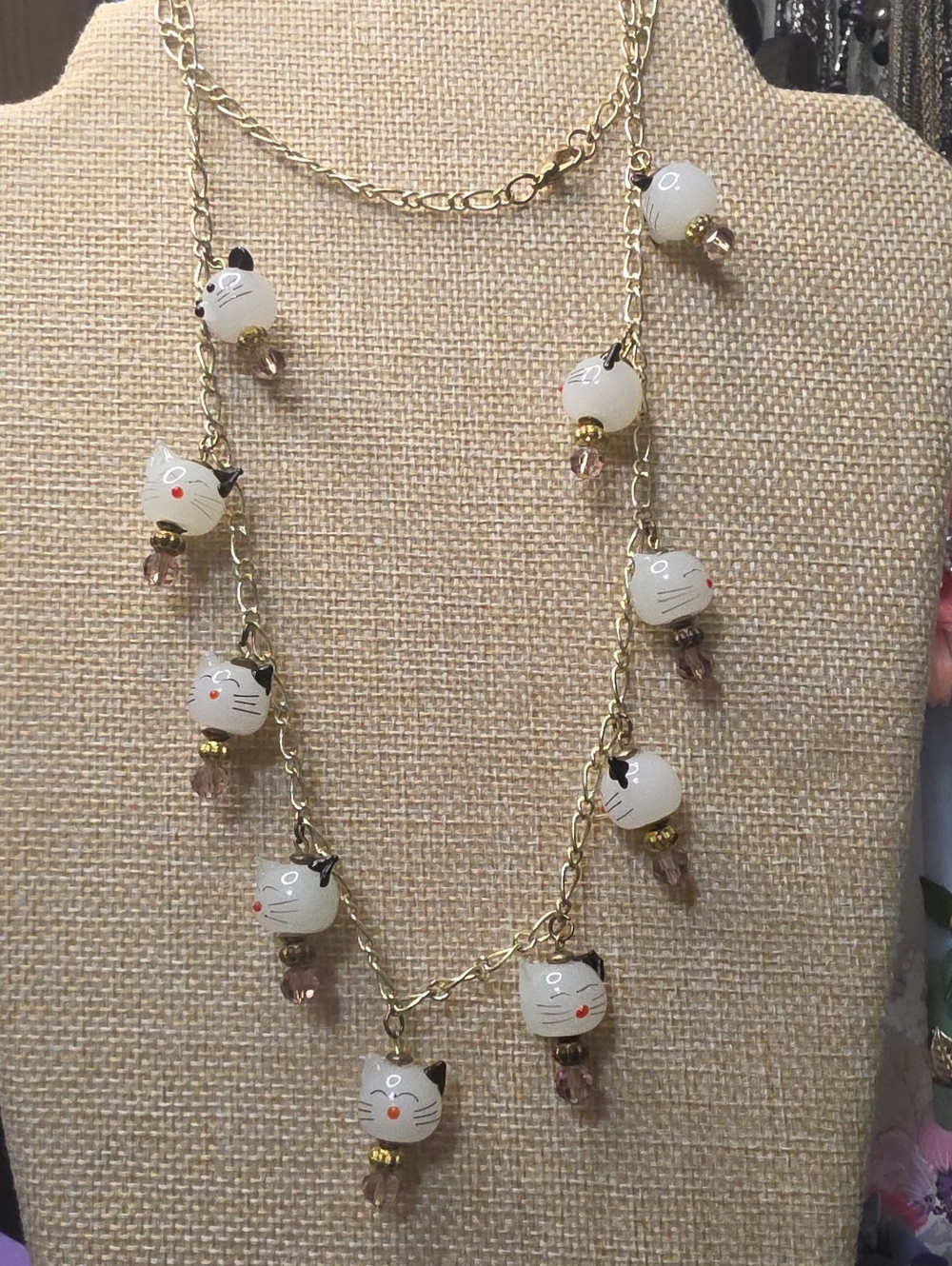 Delicate White Cat Charm Long Necklace - Gold Chain